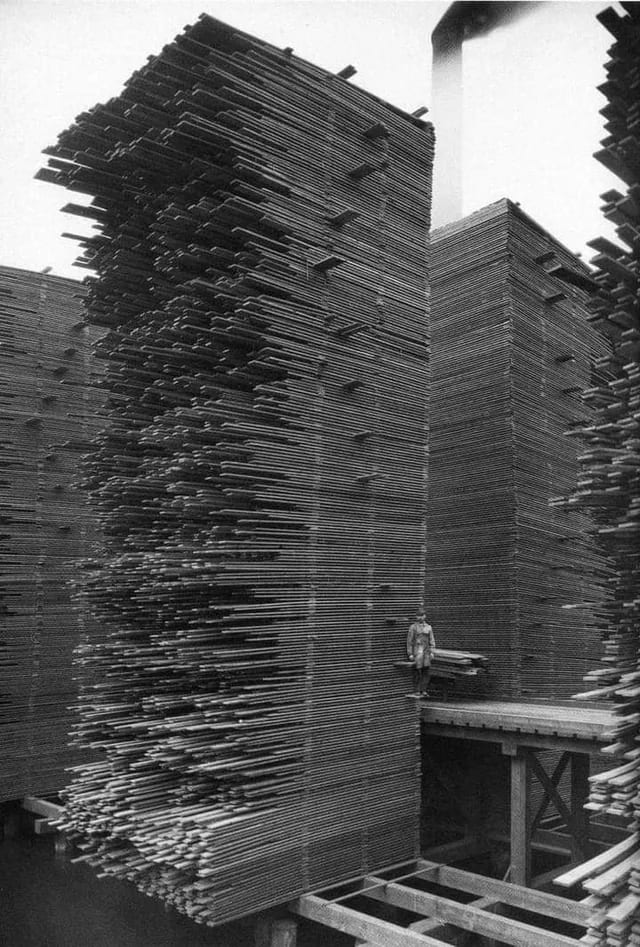 5. "1919; Seattle, Washington. Stacks of lumber drying at the Seattle Cedar Lumber Manufacturing Company’s mill in Ballard."