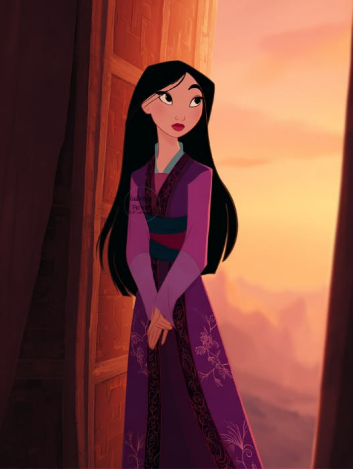 Mulan (Mulan, 1998) cuts hers with a sword in the film's most famous shot.