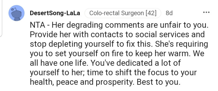 "You've dedicated a lot of yourself to her; it's time to shift the focus to your health, peace, and prosperity. Best to you."