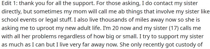 OP does talk often with her sister but also wants to consult with her mom.