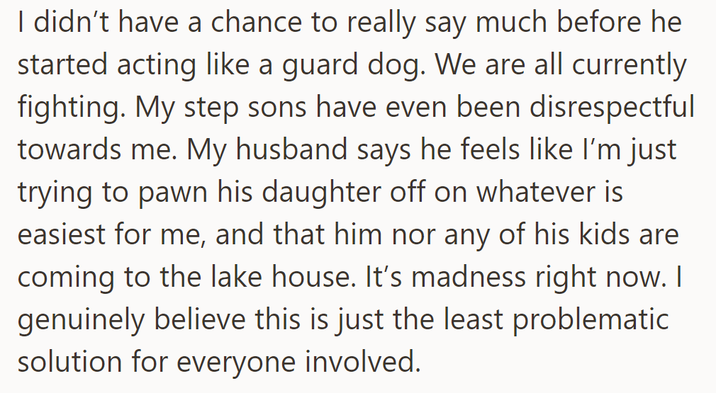 Tensions escalate after the husband acts defensively; stepsons have become disrespectful, and the husband and his kids skip the lake house.