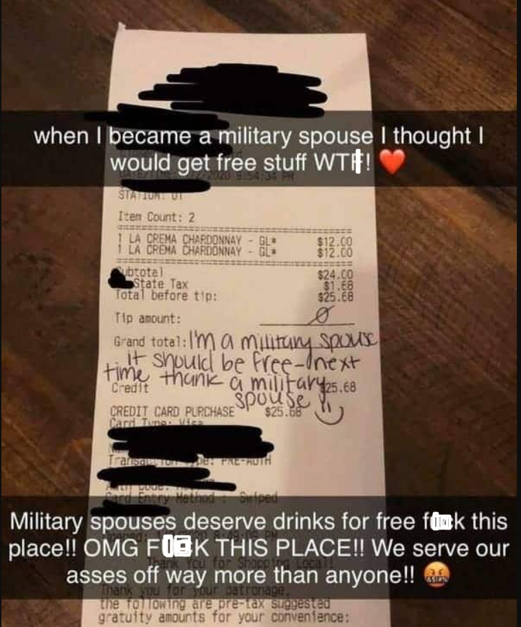 4. "Thank you for your service, but you should be thanking me for my spouse’s service."