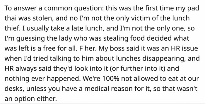 For those who needed more clarification about how OP handled her missing food lunches before