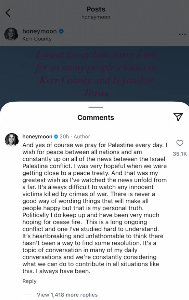 Lana Del Rey said she follows the conflict, discusses it often, and hopes for peace.