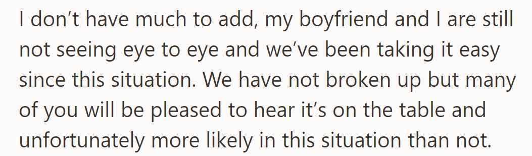 Boyfriend and OP are still at odds; relationship status uncertain, breakup possibility acknowledged amidst tensions.