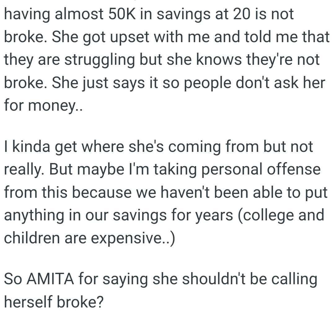 The OP has not been able to put anything in her savings for years