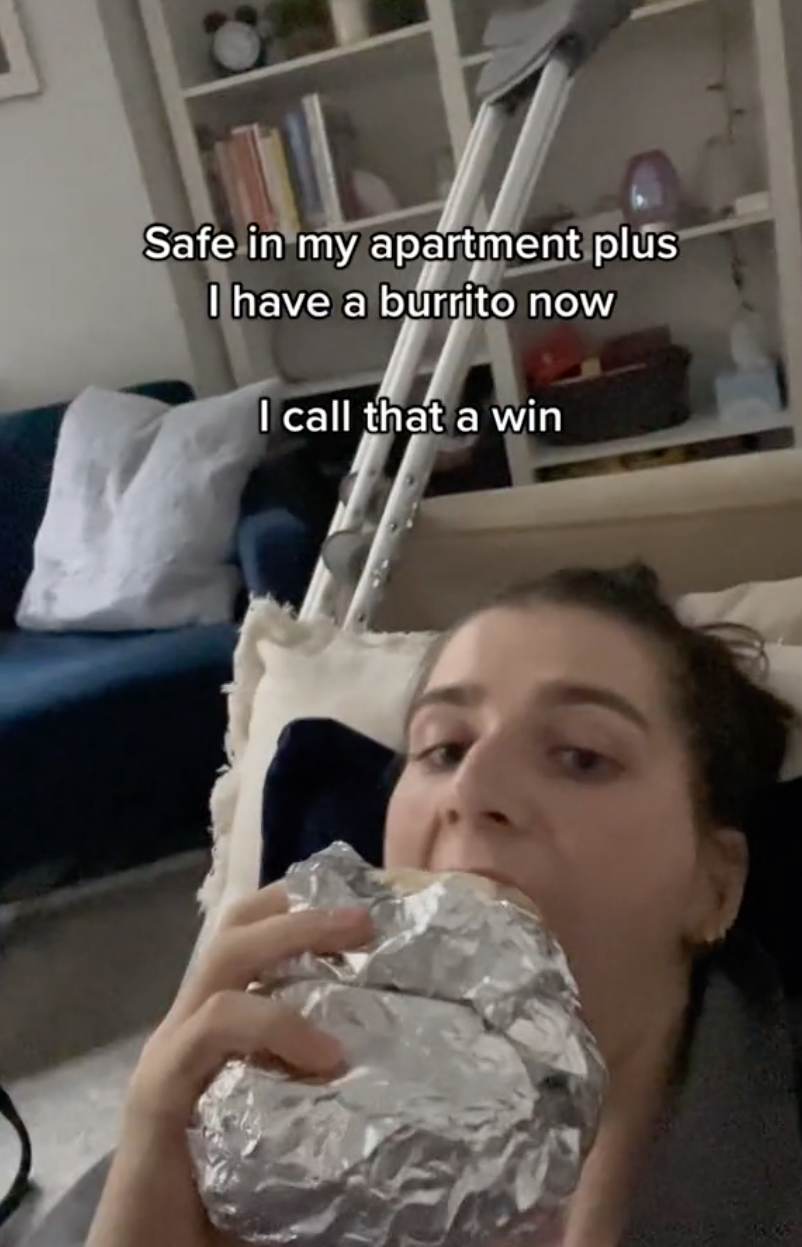 "Safe in my apartment plus I have a burrito now, I call that a win," she wrote.