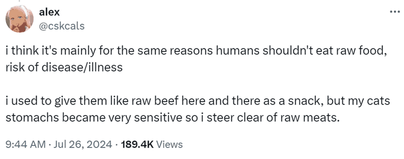 16. Alex explained why raw meat is not good for cats