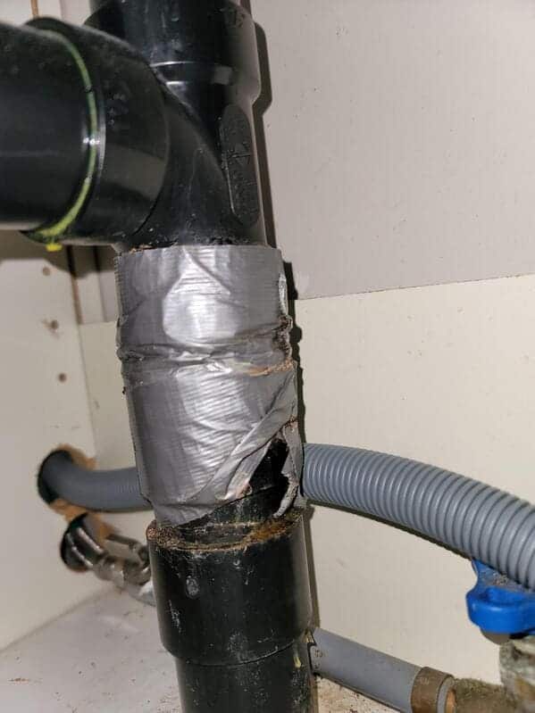 21. “Hired a local contractor to fix a leak under my kitchen sink a few years ago. I never inspected his work. Installing a dishwasher today, and this is how he repaired it.”