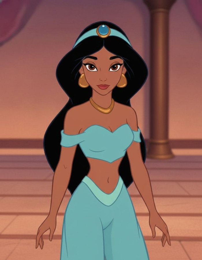 Jasmine (Aladdin, 1992) wears the long black ponytail that defined the look for a generation.