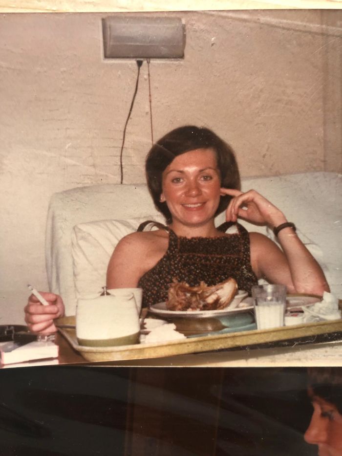 17. “My mom in the hospital after giving birth to my sister. Canada 1978. Smokes and roasted chicken eh!”