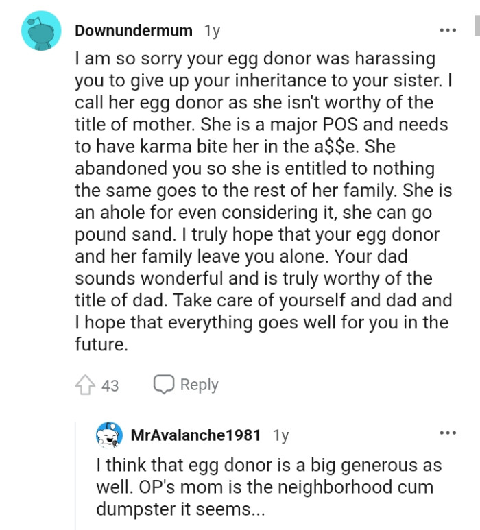 She abandoned the OP, so she's entitled to nothing.