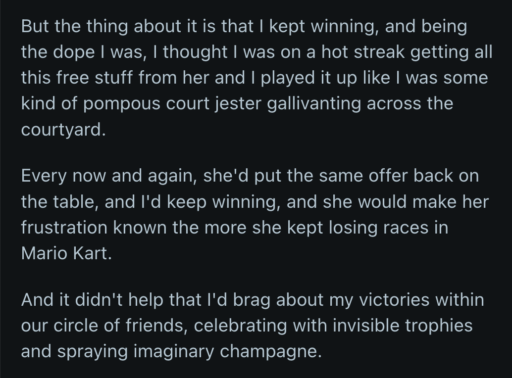 When that grew more improbable after every loss, she had hoped OP would ask her to kiss him instead.