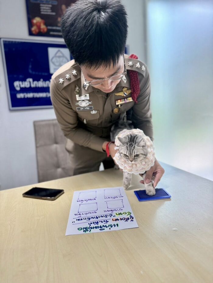 To lighten the mood, the officers staged a mugshot for Nub Tang, complete with her paw prints taken “for the record.”