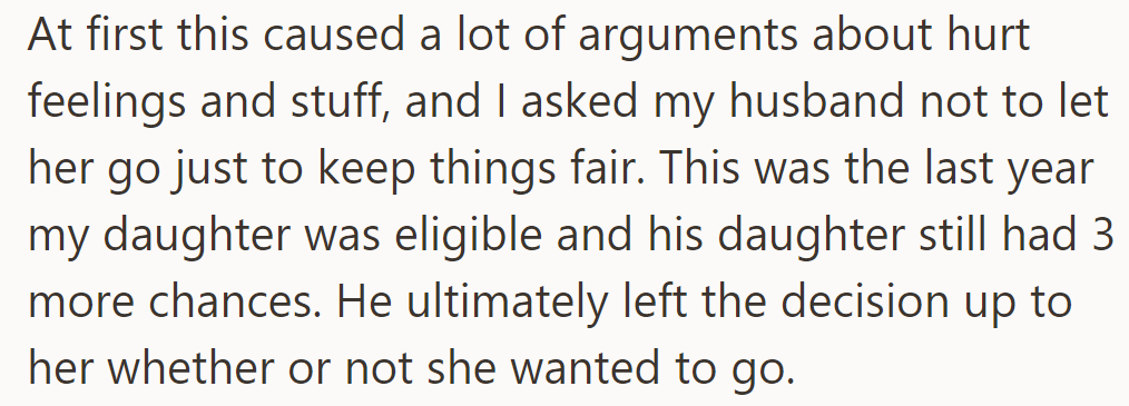 Initial conflict over fairness led to husband letting stepdaughter decide on attending dance camp.