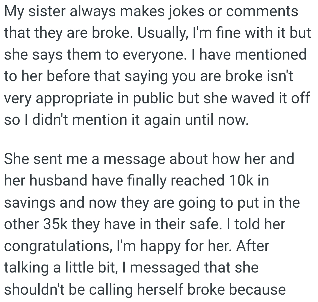 She sent OP a message about how she and her husband have finally reached 10K in savings