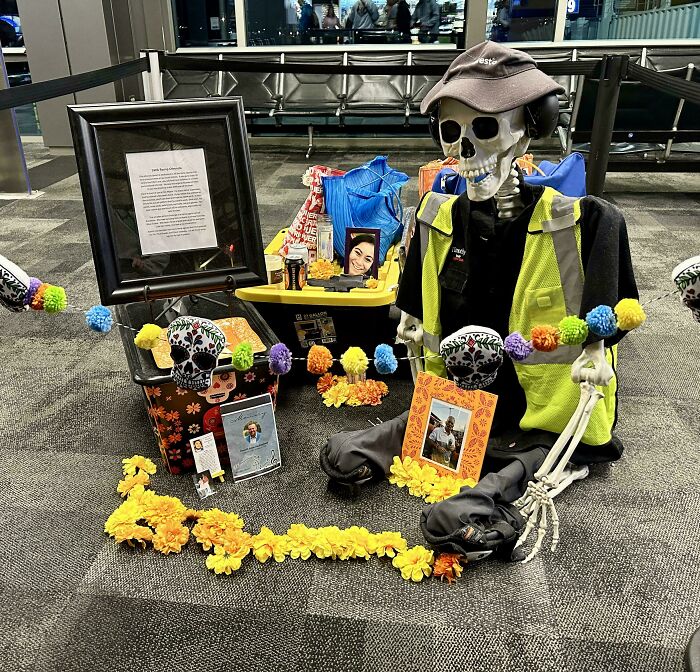 "Austin Airport Terminal Has A Day Of The Dead Display Celebrating The Lives Of Ground Crew Who Have Lost Their Lives At Work"