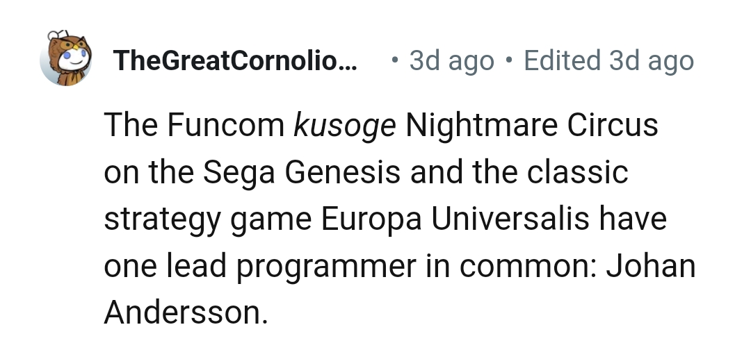 20. The Funcom Kusoge Nightmare Circus on the Sega Genesis