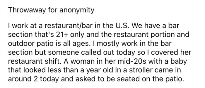 He explained that a woman came into the restaurant where he works with a baby for lunch.