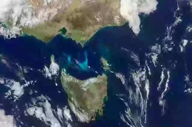 Phytoplankton are swirling in the waters between Tasmania and Australia's southeast coast.