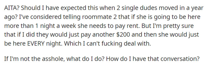 OP ponders addressing the situation with a roommate's constant guest.