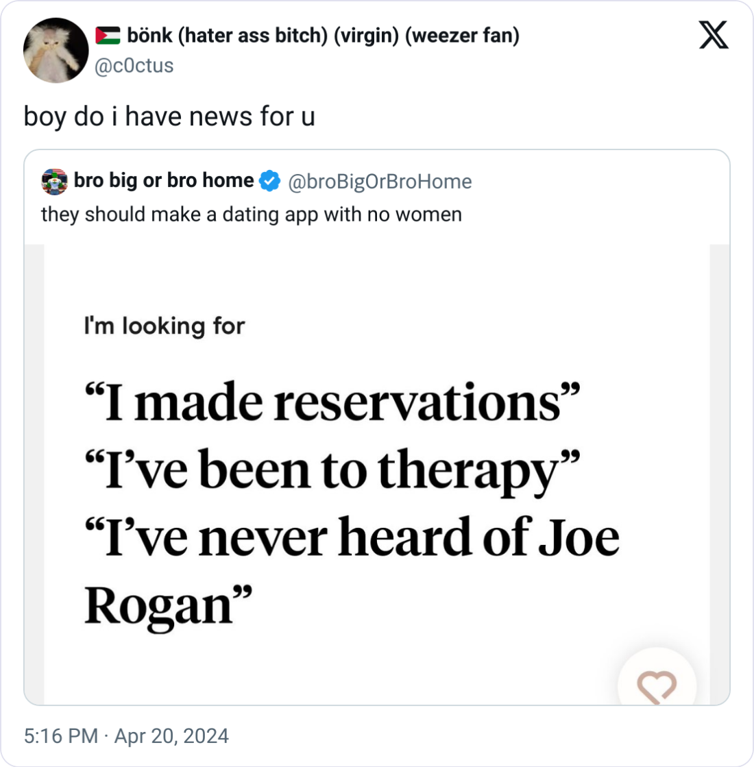 1. Dating app with no women?