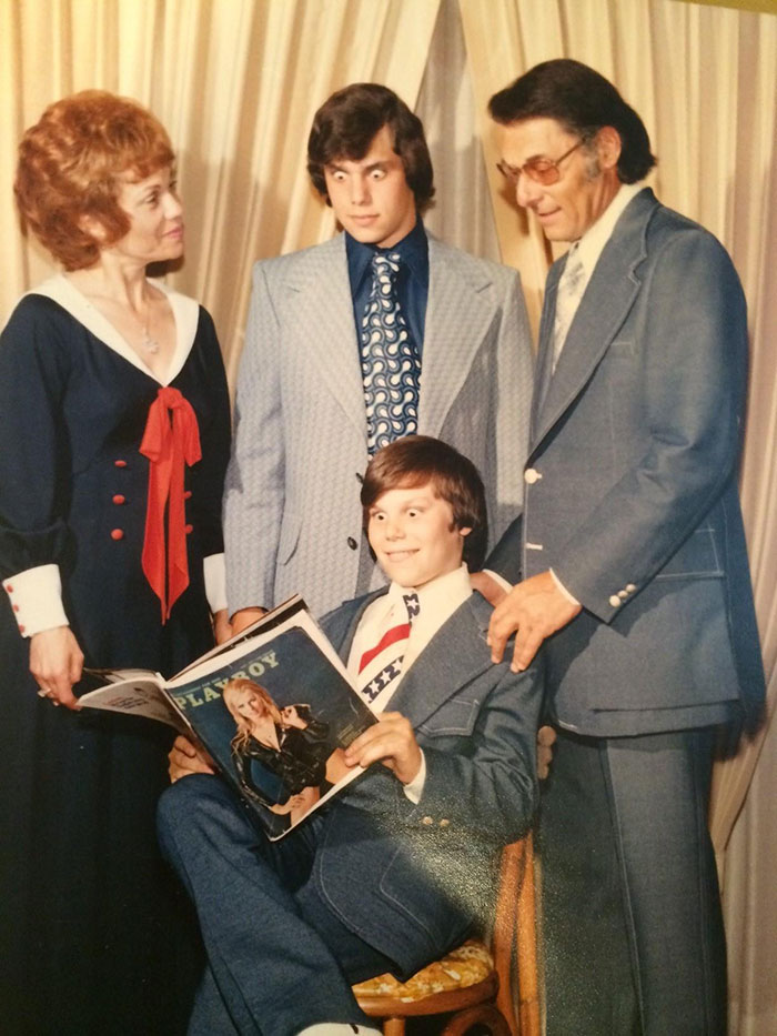 14. “My Hilarious Father (with the magazine) and my Grandfather, Grandmother, and Uncle at His Bar Mitzvah in 1972.”