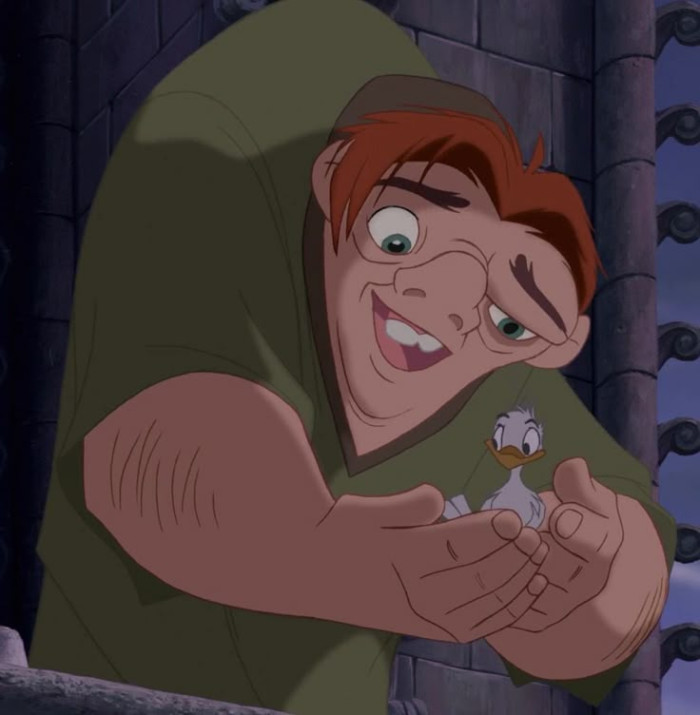 Quasimodo (The Hunchback of Notre Dame, 1996) is drawn with rust-red hair under his bell-tower hood.