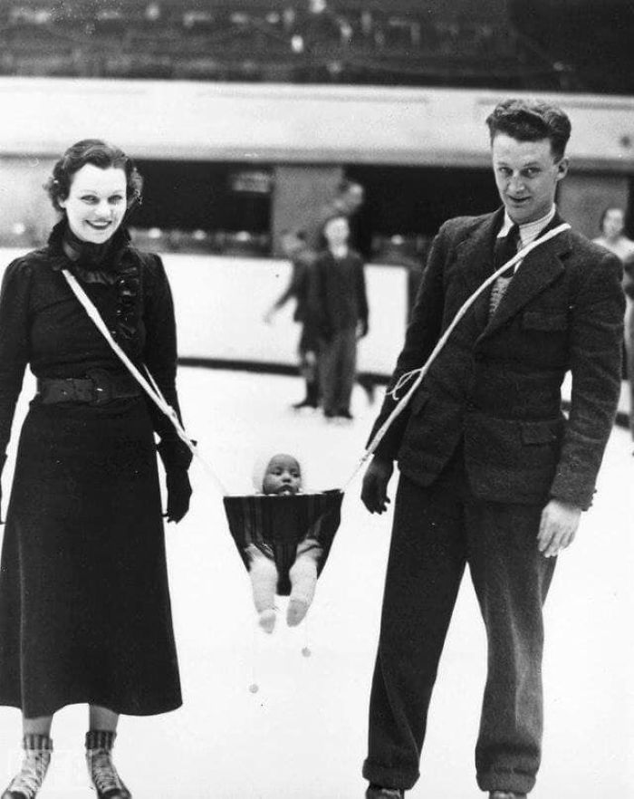 10. “A couple ice skating with their baby, 1937.”
