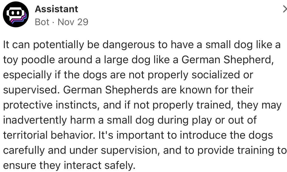 “German Shepherds are known for their protective instincts, and if not properly trained, they may inadvertently harm a small dog during play.”