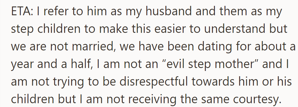 Though not married, OP refers to him as husband, children as stepchildren; seeks mutual respect.